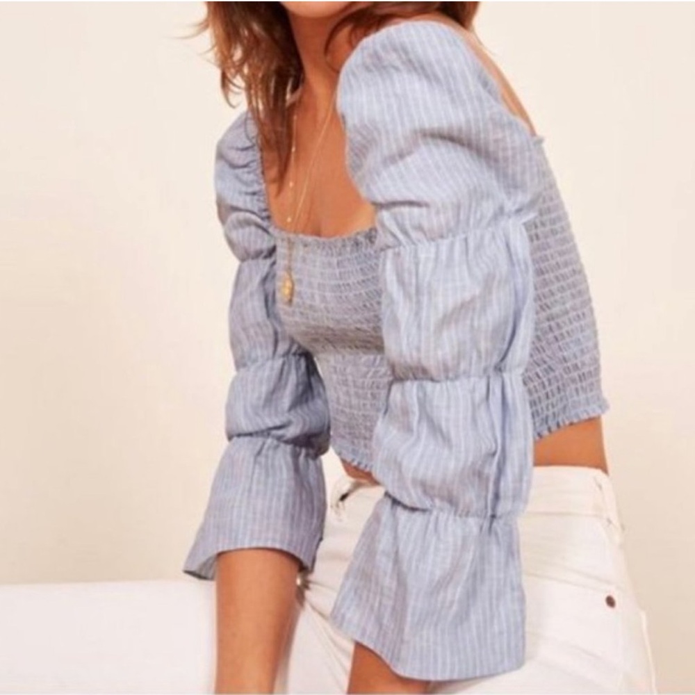 Reformation Blue Linen Cropped Stretchy Top